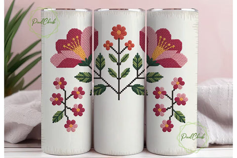 Cross-Stitch Floral 20oz Tumbler Wrap Sublimation PixelChick 