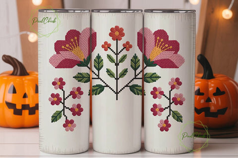 Cross-Stitch Floral 20oz Tumbler Wrap Sublimation PixelChick 