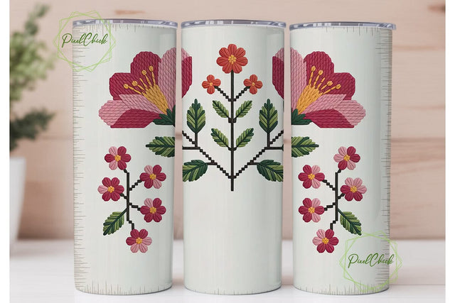 Cross-Stitch Floral 20oz Tumbler Wrap Sublimation PixelChick 
