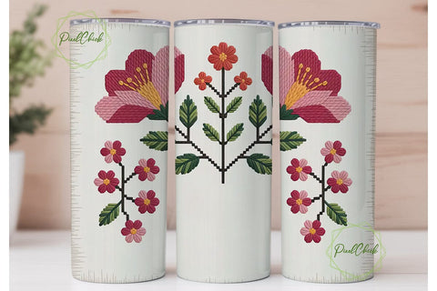Cross-Stitch Floral 20oz Tumbler Wrap Sublimation PixelChick 