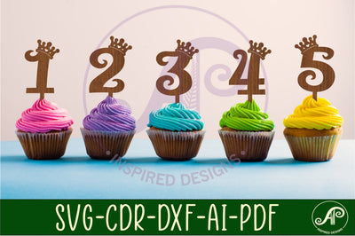 Crown number cupcake toppers, 10designs SVG laser cut SVG APInspireddesigns 