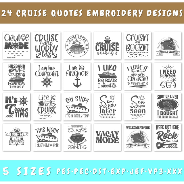 Cruise Embroidery Designs Bundle - 24 Designs, Cruise Quotes Embroidery Patterns, Vacation PES Files Embroidery/Applique DESIGNS HappyDesignStudio 