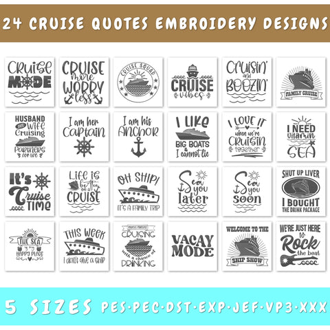Cruise Embroidery Designs Bundle - 24 Designs, Cruise Quotes Embroidery Patterns, Vacation PES Files Embroidery/Applique DESIGNS HappyDesignStudio 