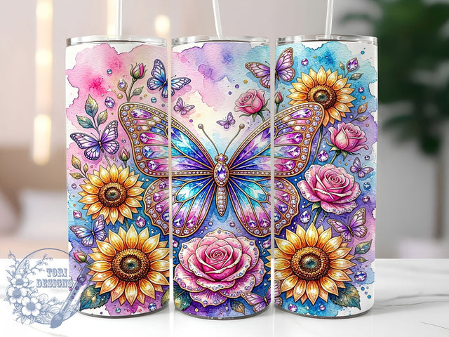 Crystal Butterfly Gem Wings 20oz Tumbler, Gemstone Wings, Sparklecore Design, Jewels Motif, Sunflower Accent, Skinny Tumbler, Sublimation PNG Sublimation ToriDesigns 