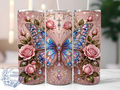 Crystal Butterfly Rose 20oz Tumbler Wrap, Crystal Motif, Butterfly Accent, Rose Design, Elegant Style, Whimsical Charm, Skinny Tumbler, Sublimation PNG Sublimation ToriDesigns 