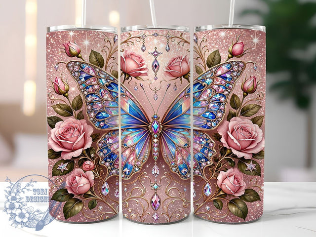 Crystal Butterfly Rose 20oz Tumbler Wrap, Crystal Motif, Butterfly Accent, Rose Design, Elegant Style, Whimsical Charm, Skinny Tumbler, Sublimation PNG Sublimation ToriDesigns 