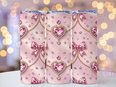 Crystal Heart Bow 20oz Tumbler Wrap, Crystal Motif, Heart Theme, Bow Accent, Elegant Style, Romantic Charm, Skinny Tumbler, Sublimation PNG Sublimation SvggirlplusArt 