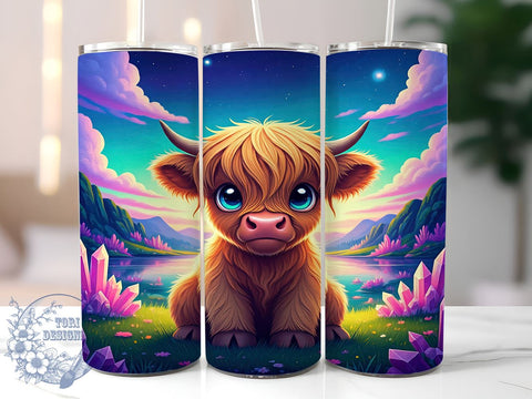 Crystal Highland Cow Tumbler, Baby Highland Cow Wrap, 20oz Sublimation Design, Digital Download, Cute Cow Print, Holographic Tumbler, Farm Animal Decor Sublimation ToriDesigns 