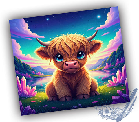 Crystal Highland Cow Tumbler, Baby Highland Cow Wrap, 20oz Sublimation Design, Digital Download, Cute Cow Print, Holographic Tumbler, Farm Animal Decor Sublimation ToriDesigns 