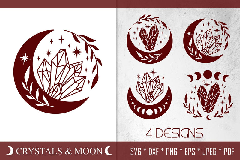 Crystal Moon SVG Files | Boho Celestial Crystals Vector Set SVG Tafti Art 