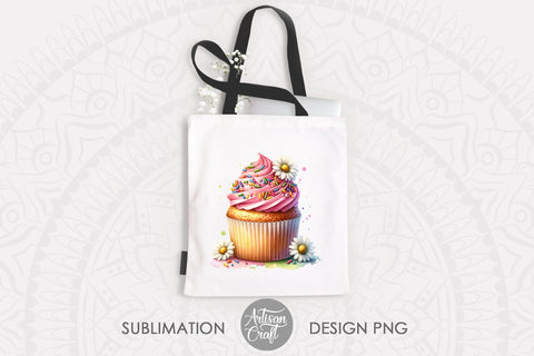 Cupcake clipart, Watercolor cupcake with daisies, watercolor daisies Sublimation Artisan Craft SVG 