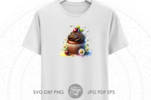 Cupcake clipart, Watercolor cupcake with daisies, watercolor daisies Sublimation Artisan Craft SVG 