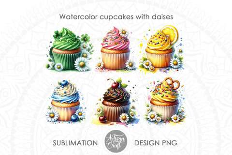 Cupcake clipart, Watercolor cupcake with daisies, watercolor daisies Sublimation Artisan Craft SVG 