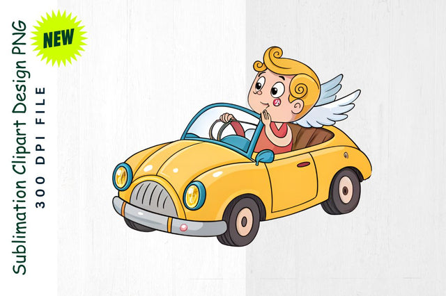 Cupid Driving a Cartoon Car with Floating Hearts Sublimation Clipart Sublimation Regulrcrative 