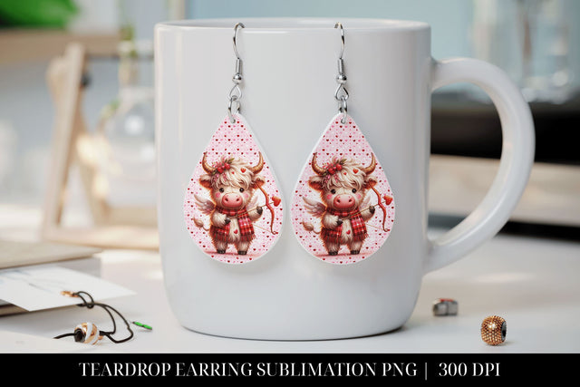 Cupid Highland Cow Valentine Teardrop Earring Sublimation Sublimation BijouBay 