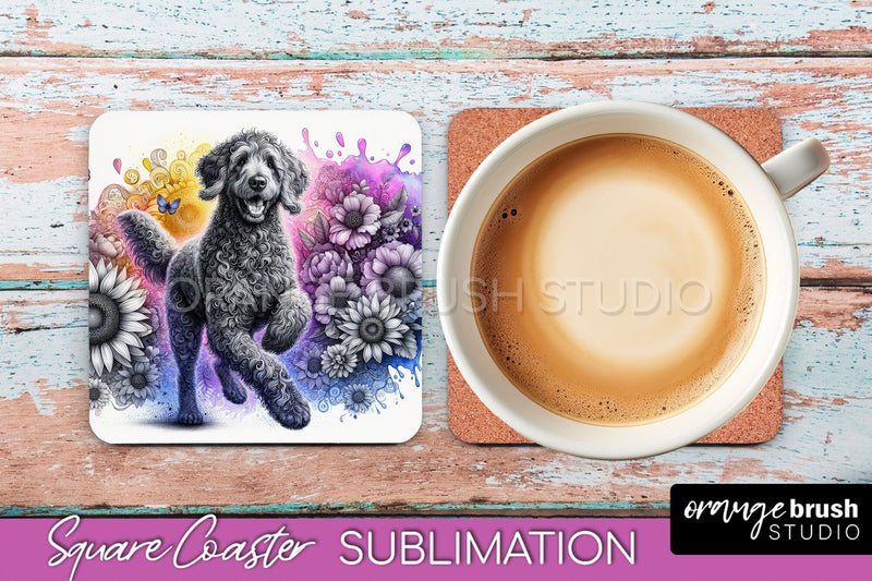 Curly-Coated Retriever Square Coaster - Dog Mom Floral Coaster Sublimation Sublimation OrangeBrushStudio 