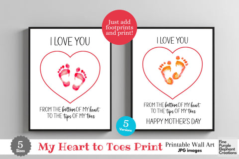 Custom Bottom Heart Toe Footprint l Digital Art Print | Father Mother Day Keepsake Gift Digital Pattern Fine Purple Elephant Creations 
