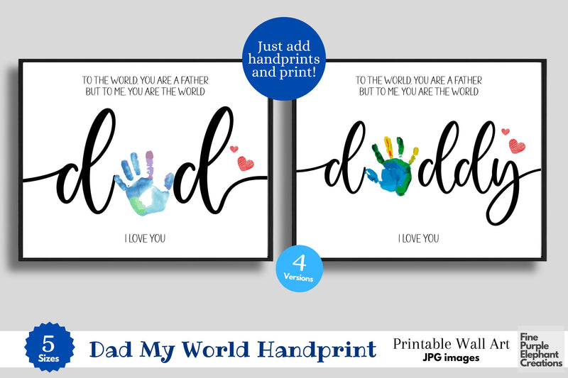 Custom Dad My World Handprint l Digital Art Print | Father Mother Day Keepsake Gift Digital Pattern Fine Purple Elephant Creations 