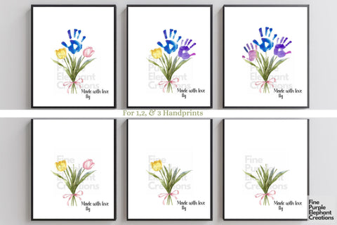 Custom Flower Bouquet Kid Baby 3 Handprint Digital Art Print | Mom Dad Gift Digital Pattern Fine Purple Elephant Creations 