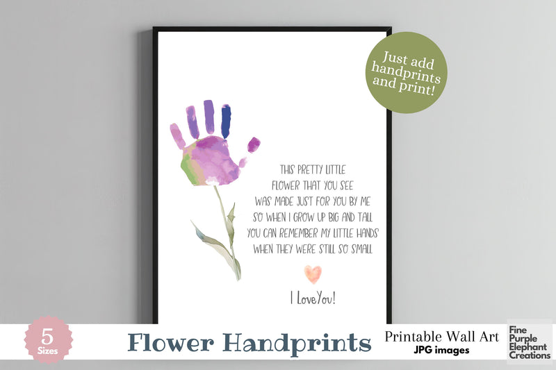 Custom Flower Stem Kid Baby Handprint Digital Art Print | Mom Dad Gift Digital Pattern Fine Purple Elephant Creations 