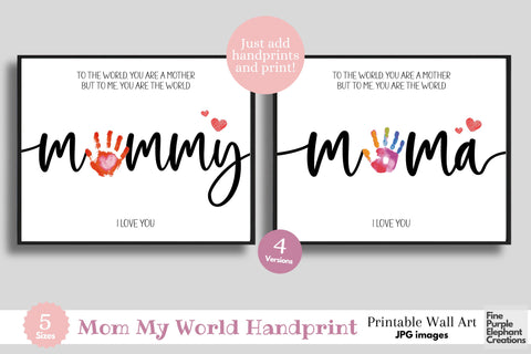 Custom Mom My World Handprint l Digital Art Print | Father Mother Day Keepsake Gift Digital Pattern Fine Purple Elephant Creations 