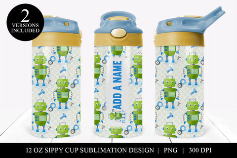Custom Name Robot 12oz Flip Top Sippy Cup Wrap Design Sublimation BijouBay 