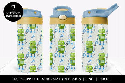 Custom Name Robot 12oz Flip Top Sippy Cup Wrap Design Sublimation BijouBay 