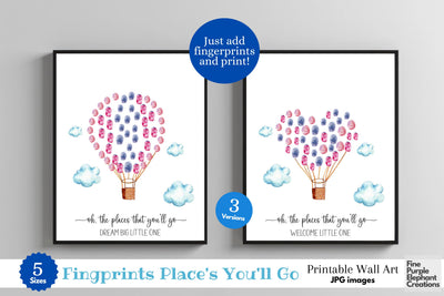 Custom Places You Go Hot Air Balloon Fingerprint l Digital Art Print | Father Mother Day Keepsake Gift Digital Pattern Fine Purple Elephant Creations 