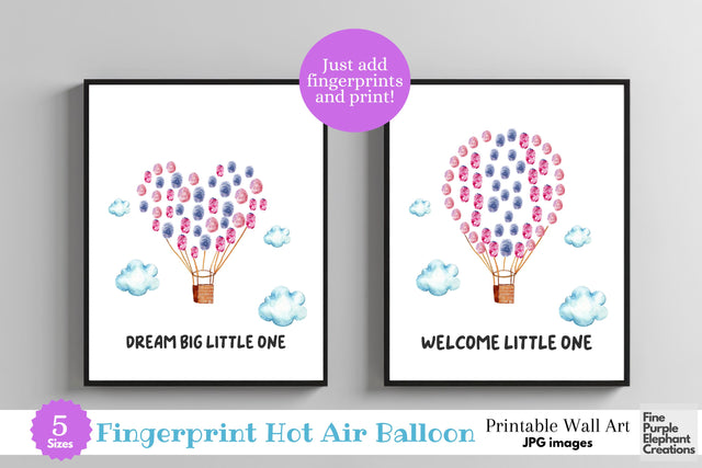 Custom Welcome Baby Hot Air Balloon Fingerprint l Digital Art Print | Father Mother Day Keepsake Gift Digital Pattern Fine Purple Elephant Creations 