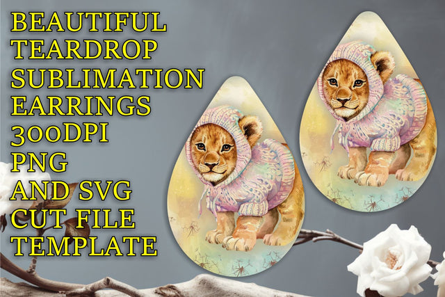 customizable PNG file, Elegant teardrop earrings template, Animals Sublimation HoodArtCraft 
