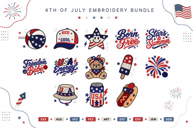 Cute 4th Of July Embroidery Bundle USA Energy Born Free Patriotic Designs Embroidery/Applique DESIGNS sg embroidery 