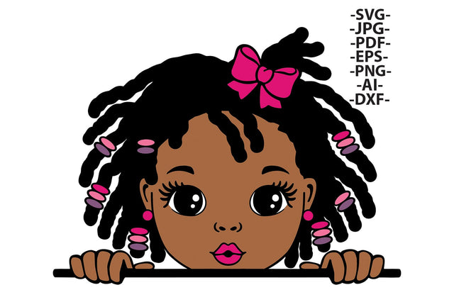 Cute African American Girl SVG PNG PDF AI Locs Beads Pink Bow Peekaboo Black Girl Clipart for Cricut Projects Sublimation and Printing SVG 1uniqueminute 