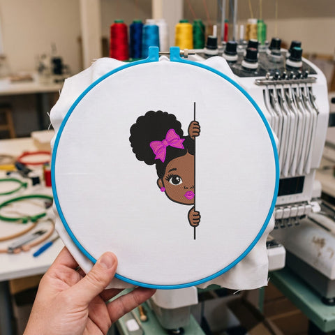 Cute Afro Girl Peekaboo Embroidery Design – Black Girl Pink Bow Peeking Machine Embroidery File Embroidery/Applique DESIGNS PatternFeed8 