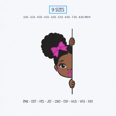 Cute Afro Girl Peekaboo Embroidery Design – Black Girl Pink Bow Peeking Machine Embroidery File Embroidery/Applique DESIGNS PatternFeed8 