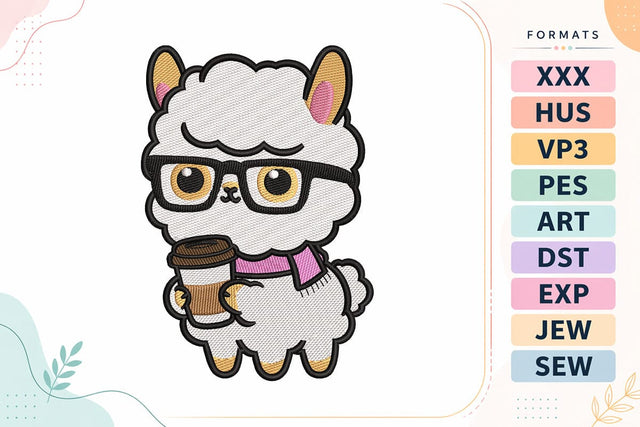 Cute Alpaca With Coffee Embroidery Design - Kawaii Llama Embroidery/Applique DESIGNS sg embroidery 