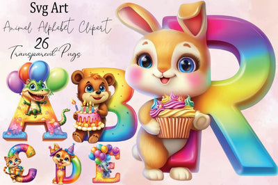 Cute Animal Alphabet Clipart Bundle. Sublimation SVGArt 