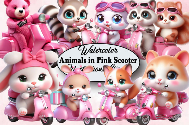 Cute Animals in Pink Scooter Sublimation Sublimation SVGArt 