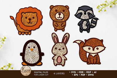 CUTE ANIMALS SET, Decorative Templates, Wood Cut and Paper Cut Files SVG LaserCutano 