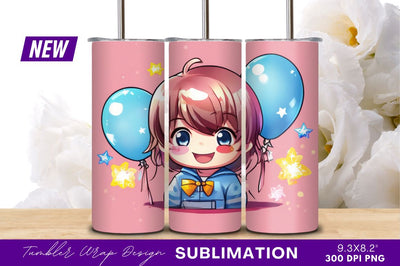 Cute Anime Child With Balloons And Stars Sublimation Regulrcrative 