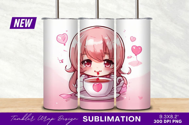 Cute anime girl drinking from valentine tumbler Sublimation Regulrcrative 