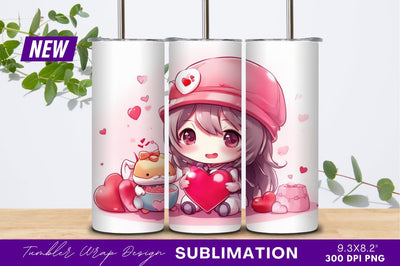 Cute anime girl with valentine hearts tumbler png Sublimation Regulrcrative 