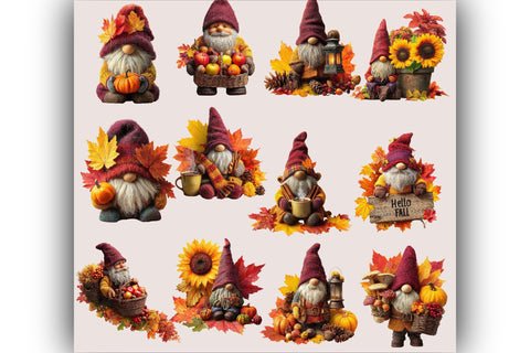 Cute Autumn Gnome PNG Clipart Bundle. Sublimation SVGArt 