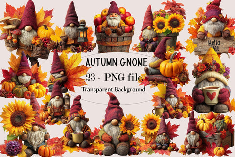 Cute Autumn Gnome PNG Clipart Bundle. Sublimation SVGArt 
