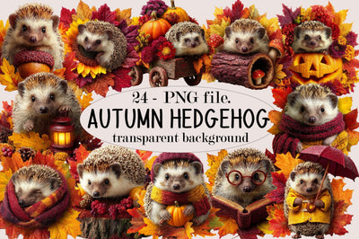 Cute Autumn Hedgehog Clipart Bundle. Sublimation SVGArt 