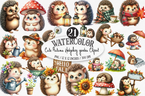 Cute Autumn Hedgehog Garden Clipart Sublimation SVGista 