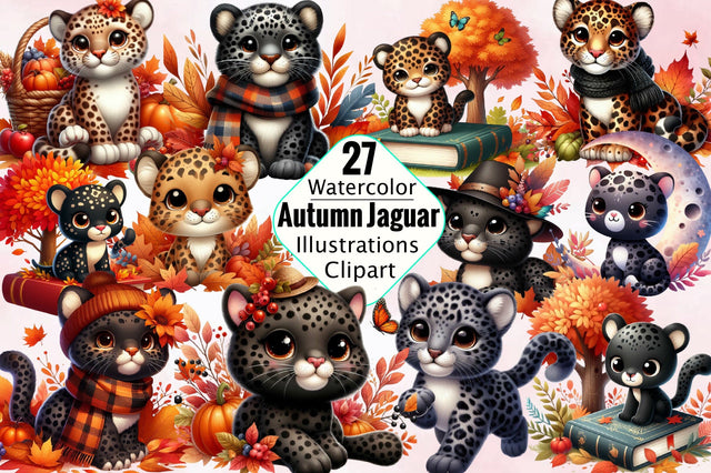 Cute Autumn Jaguar Sublimation Clipart Bundle Sublimation SVGArt 