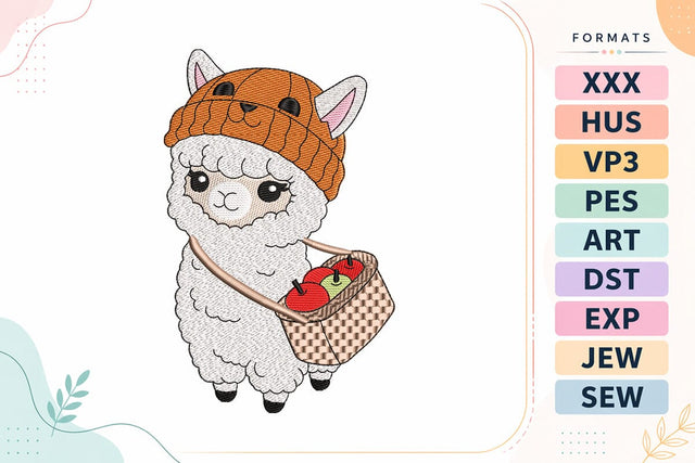 Cute Autumn Llama with Apple Basket Embroidery Design Embroidery/Applique DESIGNS sg embroidery 
