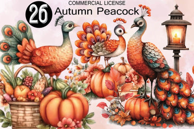 Cute Autumn Peacock Sublimation Clipart Bundle. Sublimation SVGArt 