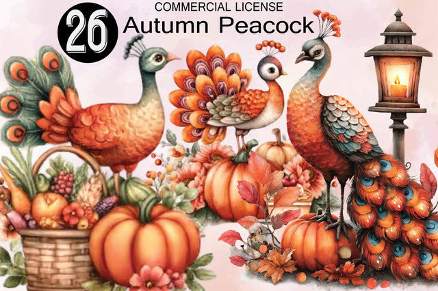 Cute Autumn Peacock Sublimation Clipart Bundle. Sublimation SVGArt 