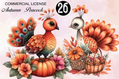 Cute Autumn Peacock Sublimation Clipart Bundle. Sublimation SVGArt 